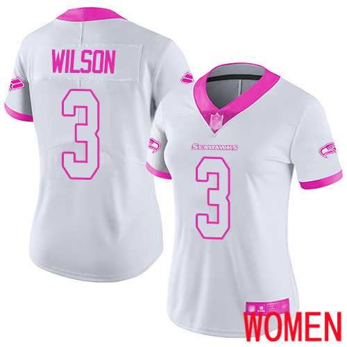 Seattle Seahawks Limited White Pink Women Russell Wilson Jersey NFL Football #3 Rush Fashion->women nfl jersey->Women Jersey